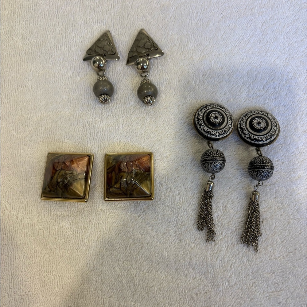 Vintage 80s Statement Clip On Earring Trio - Bold Geometric & Dangle Styles